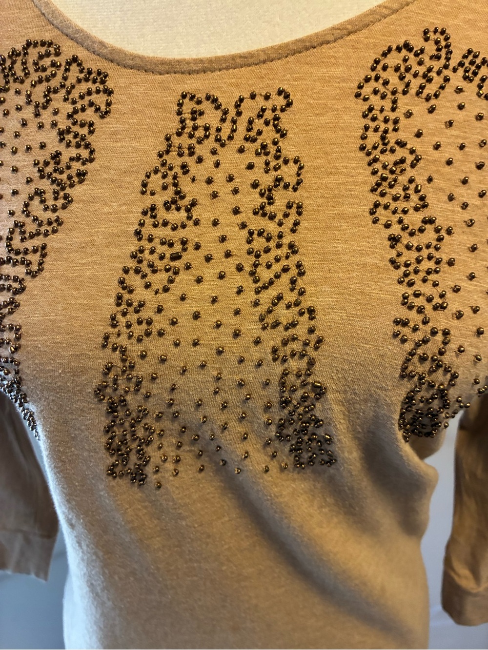 New w/o tag Coldwater Creek Tan Embellished Boatneck 3/4 Sleeve Top - Picture 2 of 5